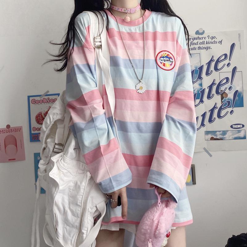 Autumn New Long Sleeve T-shirt Women's Blouse Korean Version Striped Loose Student Undershirt Women's Wear