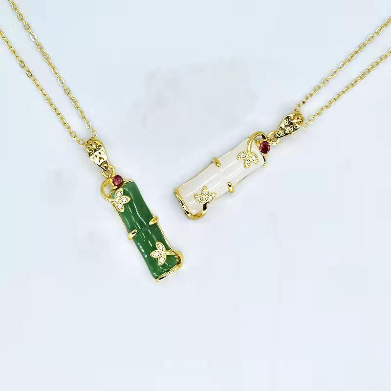 Retro Ethnic Style Safe Bamboo Necklace Women'S Titanium Steel Simulation Hetian Jade Trend Exquisite Collarbone Chain