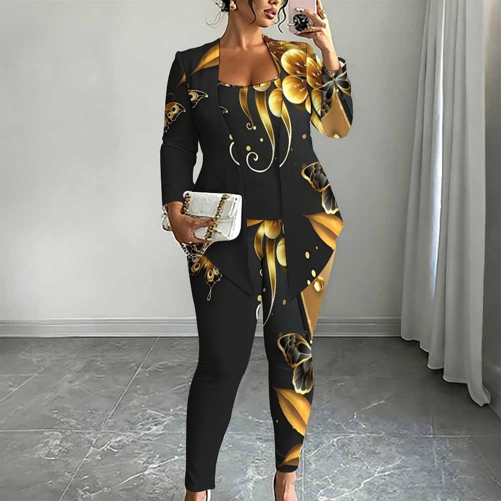Plus Size Floral Print 3 Piece Outfit, Long Sleeve Open Front Cardigan Cami Top Leggings Set for Women
