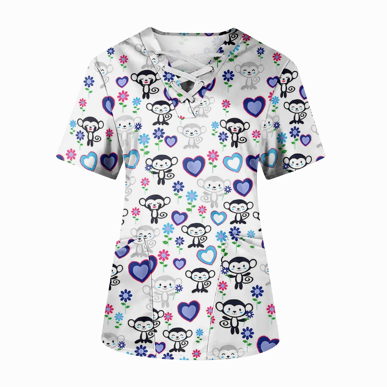 

Робоча уніформа з принтом для великих розмірів. Топи для жінок з хрестовим V-подібним вирізом, принтом на Хелловін, з короткими рукавами, веселі футболки, робочий одяг, футболки з кишенями M білий