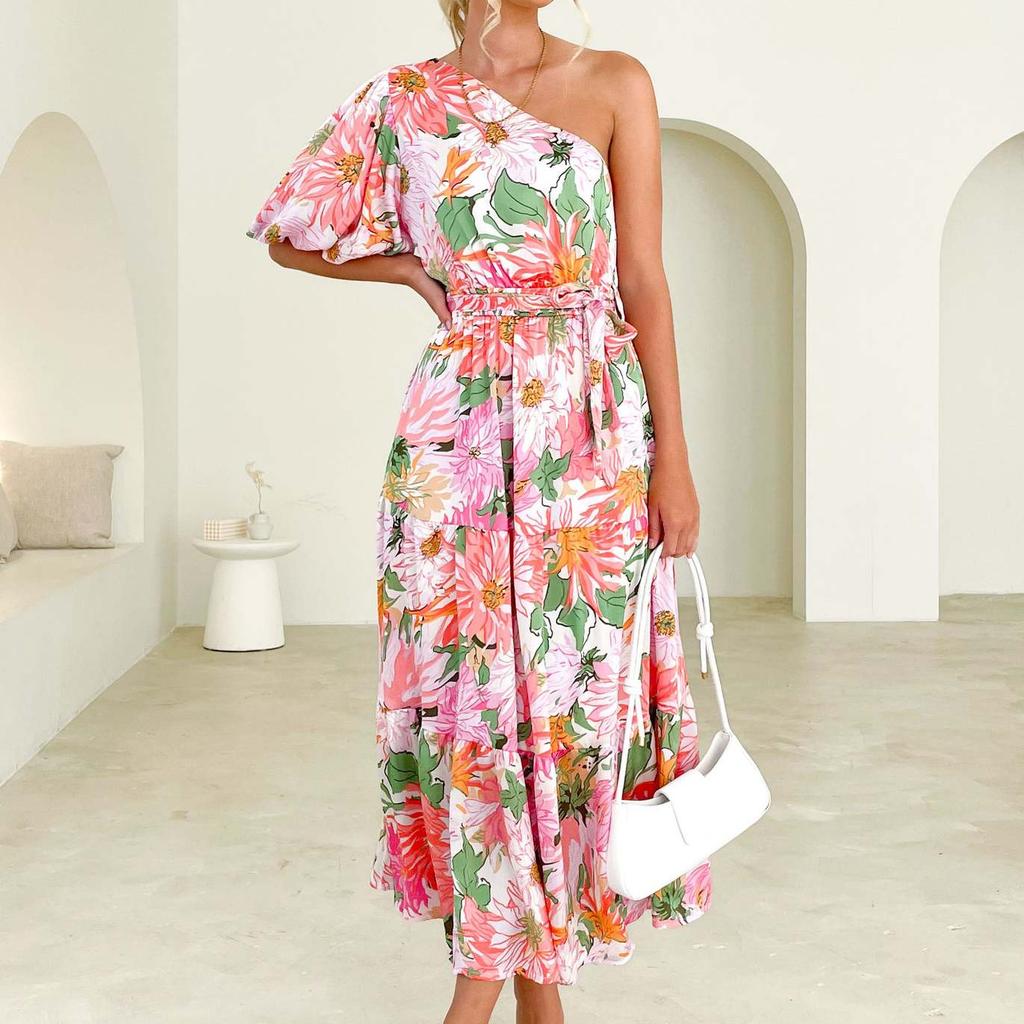 European and American diagonal shoulder long dress printed long pendulum dress slim casual dress