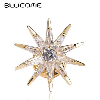 Glanzende Stervormige Broches Goudkleurig Micro Inleg Kubieke Kraagclip Speld Koperen Dames Heren Broche Badge Sieraden