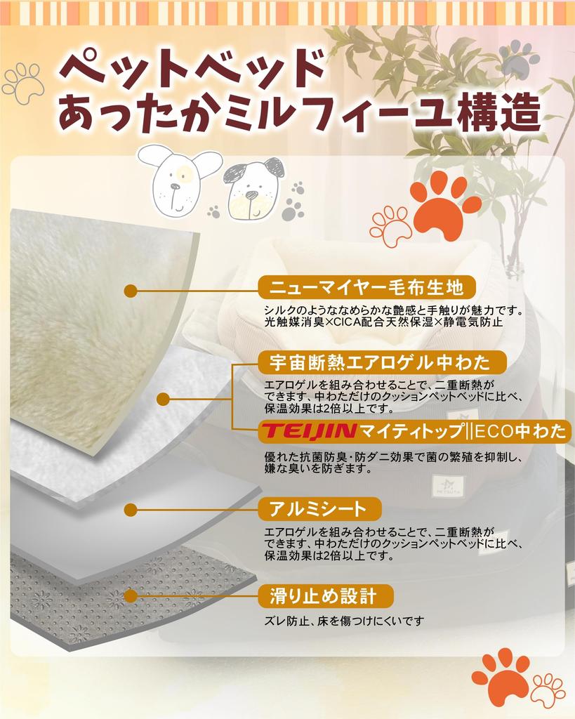 PETSUTA Winter Warmth Pet Bed for Cats and Dogs Aerogel Teijin This winter pet bed for dogs features a natural aluminum sheet and a warm cushion for
