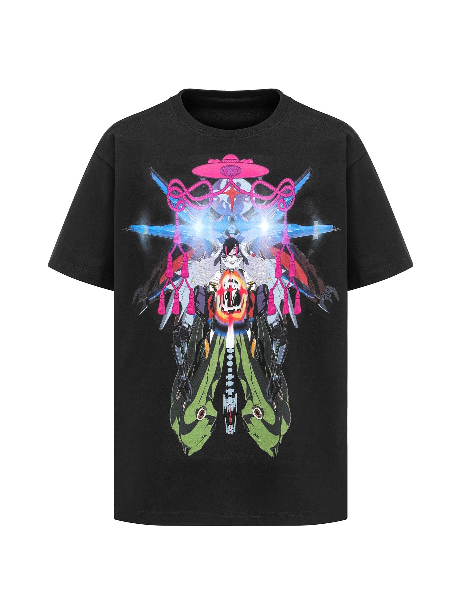 

Gundam Man Black Printed Short Sleeve Breathable Sweat-absorbing Oversized Fashion Versatile European and American Style 3XL