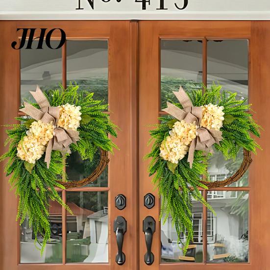 Wedding Gift Garland Artificial Hydrangea Wreath for Front Door 16 Inch Lifelike Floral Seasonal Hanging Decor with Burlap Bow Wall Party Home