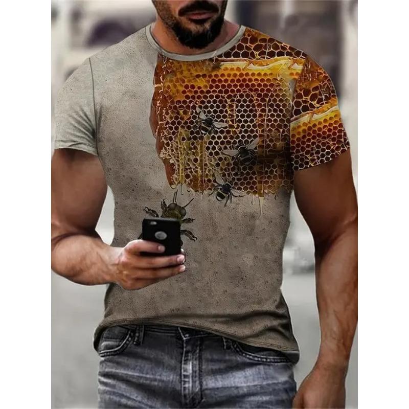 Summer Round Neck 3D Color block Print Top Fashionable Casual Short Sleeved Men's T-shirts