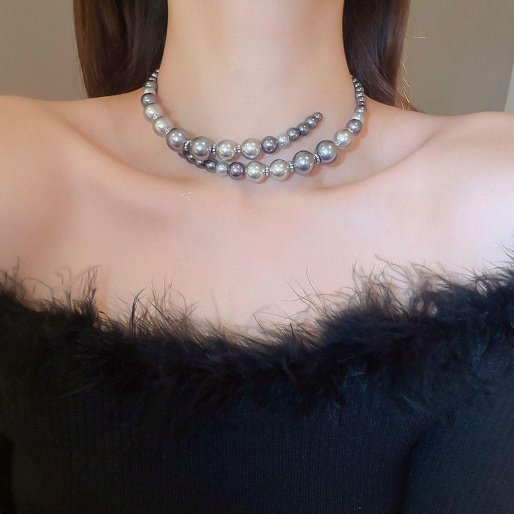 Temperament Glass Pearl Openning Necklace Grey Choker Neck Accessories  Birthday