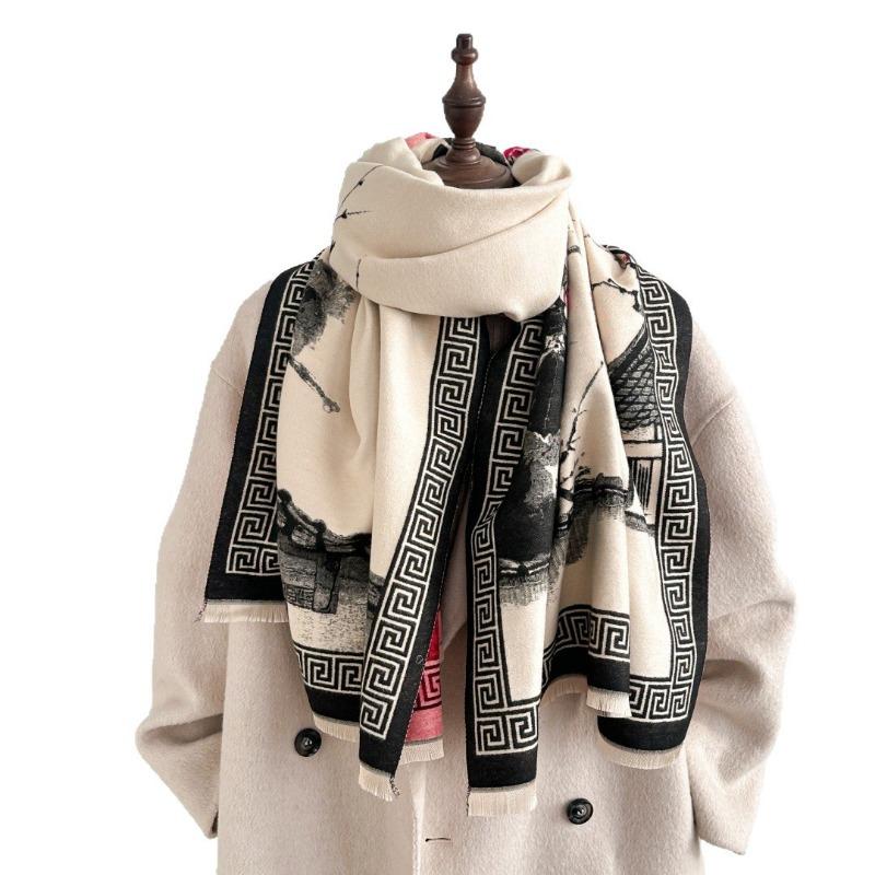 Autumn and winter new imitation cashmere plum blossom retro ink painting style travel photo warm scarf mother shawl outside