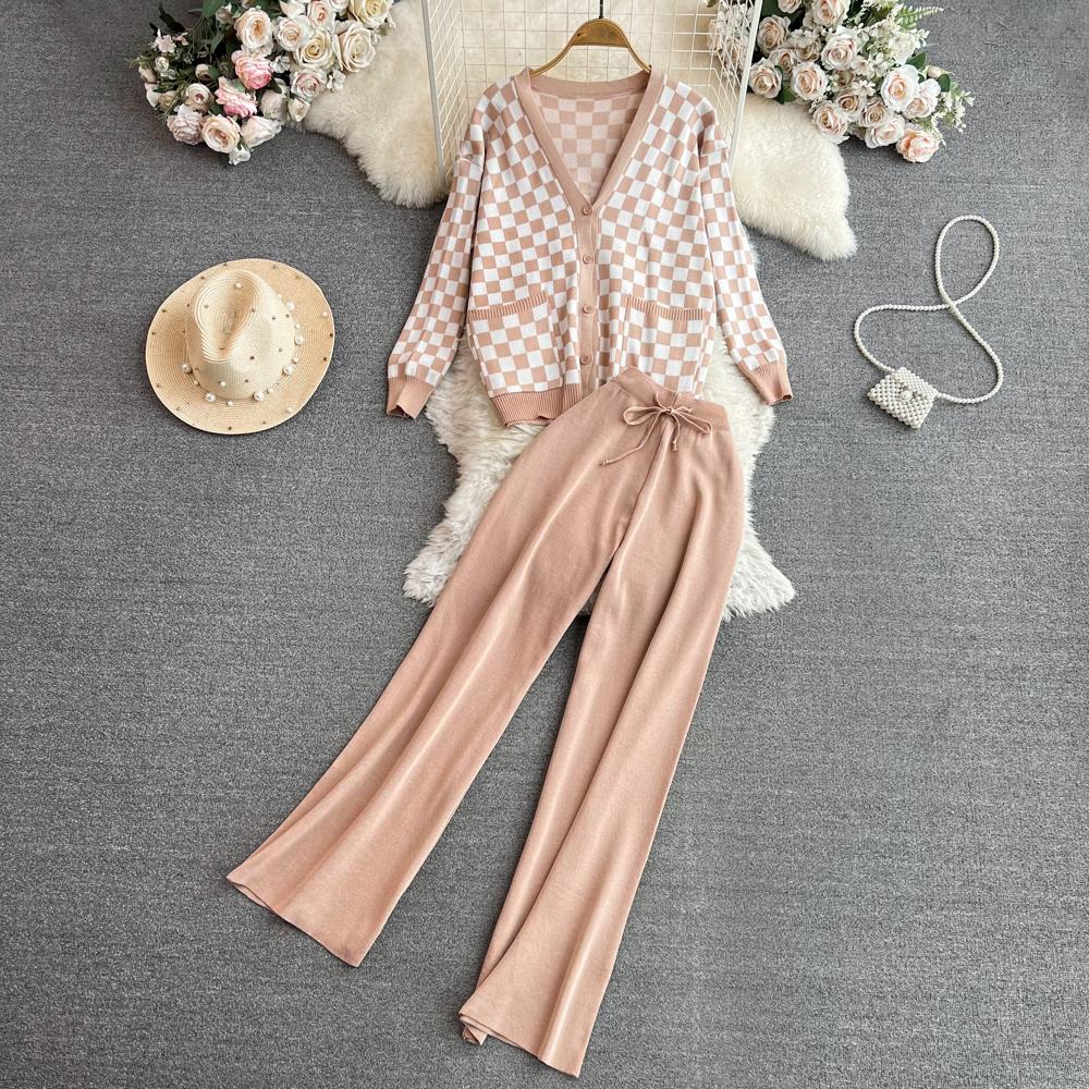 Herbst Vintage Marke Plaid Gestrickte Pullover Hose 2 Stück Set Frauen Trainingsanzug Einreiher Mantel + Knöchel Länge Hosen Outfits