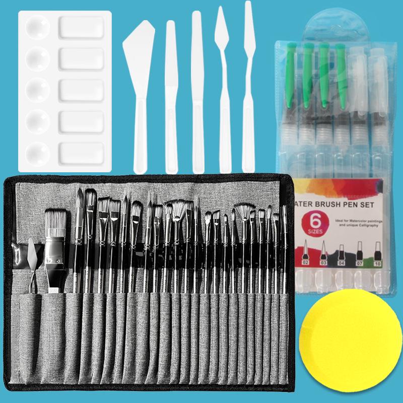 24-Piece Nylon Paint Brush Set with Canvas Roll-Up Case for Gouache, Watercolor, and Oil Painting