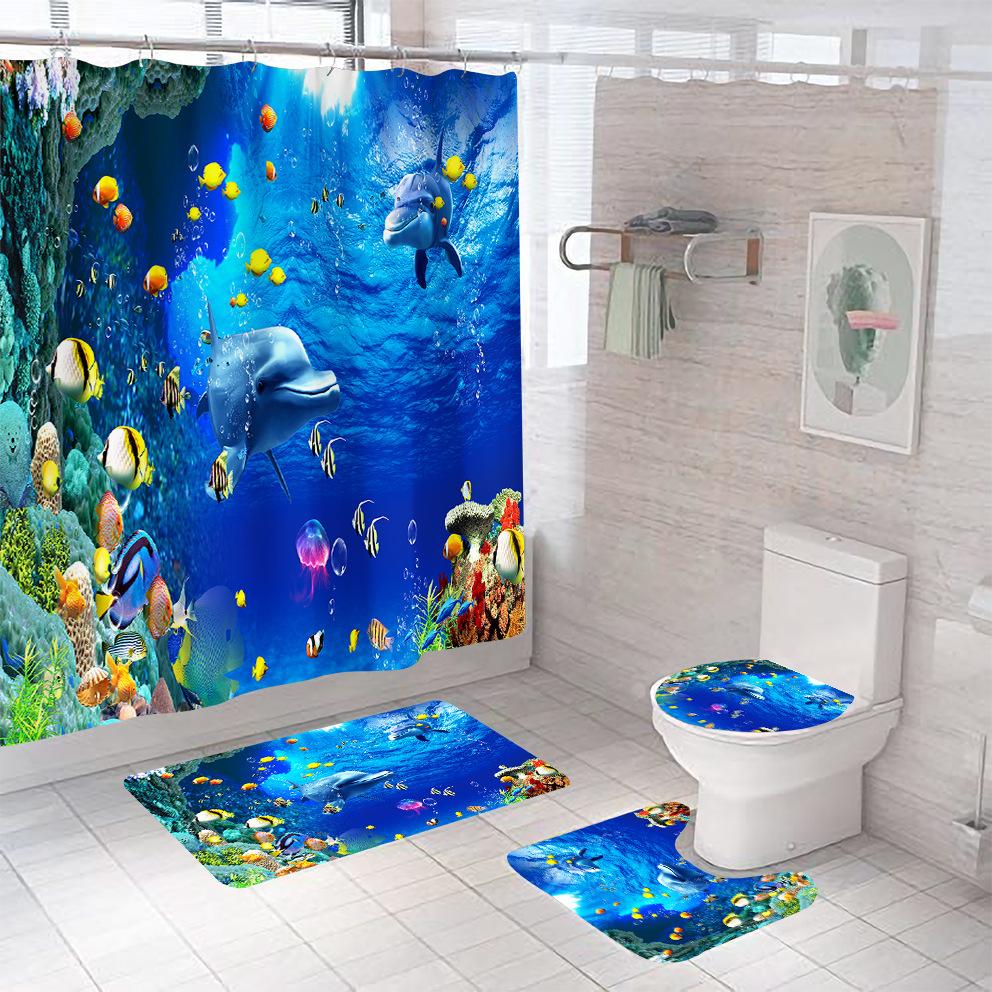 Bathroom Shower Curtain Four-piece Digital Printing Sand Underwater World Waterproof Shower Curtain Shower Curtain Partition Curtain Bath Mat