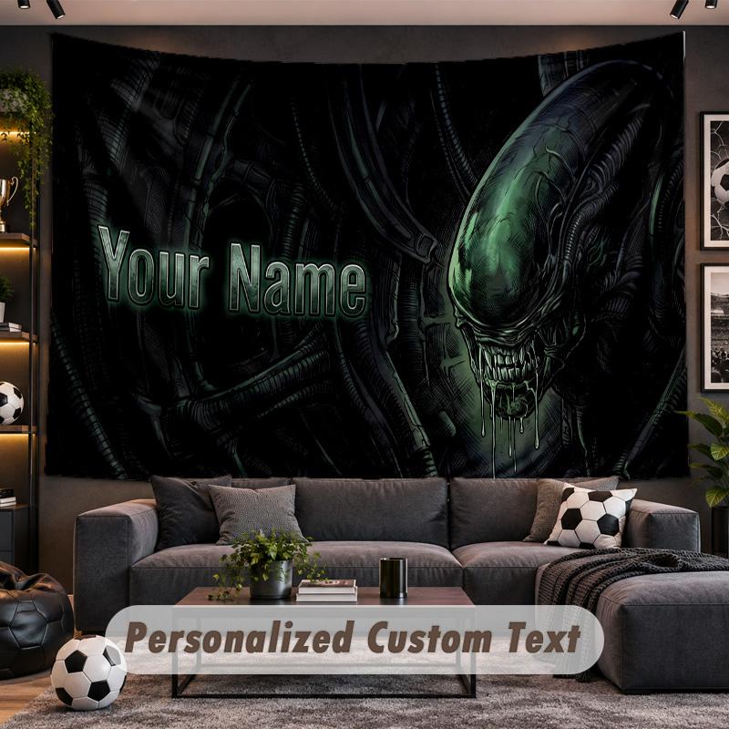 Alien Xenomorph Personalized Tapestry Support Custom Name, Wall Art Home Decoration