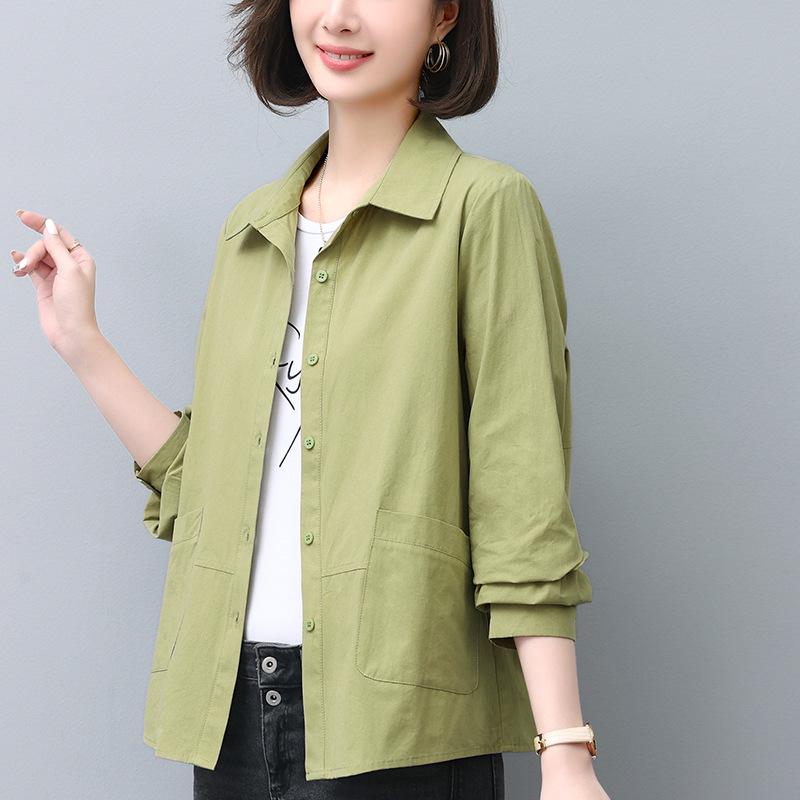 

Женская рубашка из чистого хлопка с длинным рукавом - Модная однотонная модель Осень 2024, свободного кроя, идеально подходит для мам среднего возраста XL (suggested 125-135 jin) роза розовый