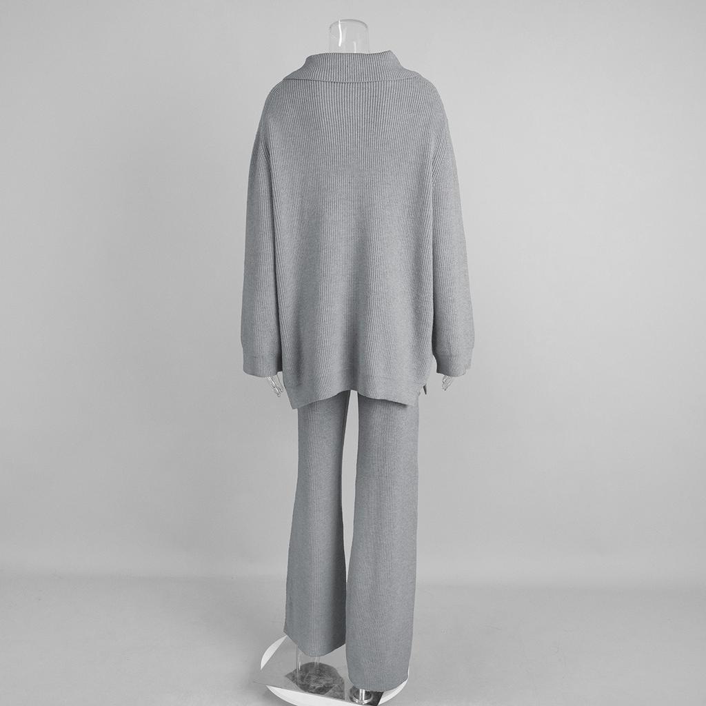 2025 Herbst Winter Neues Damen Strickpullover Set mit Halbreißverschlusskragen Langarm Weitbein Hose Outfit für Europa und Amerika
