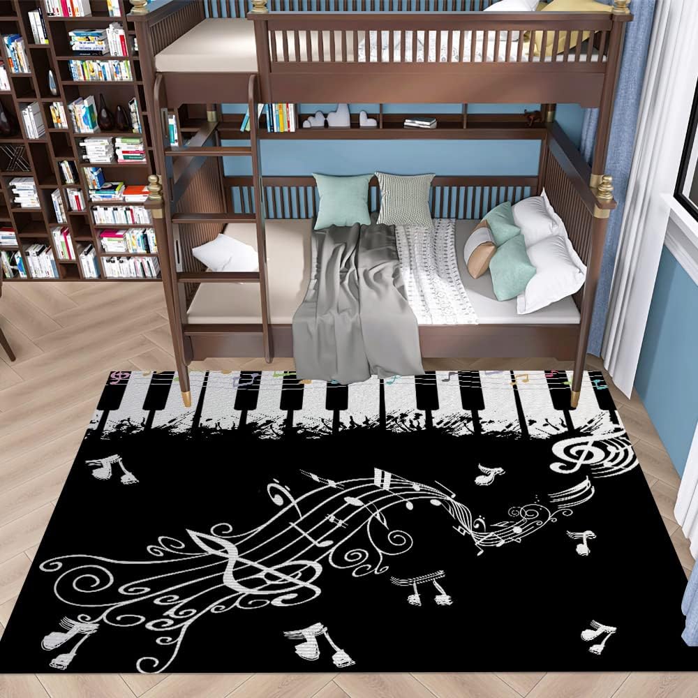 Large Music Carpet Black Piano Key Rug 3D Printed Rectangle Area Rugs for Kids Bedroom Bedside Living Room Non-Slip Floor Mat
