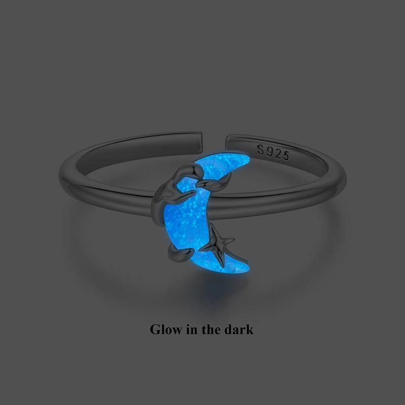 WOSTU 925 Sterling Silver Luminous Ring Glow in The Dark Moon Star Ring for Women Star Moon Minimalist Astronogy Lover Gift