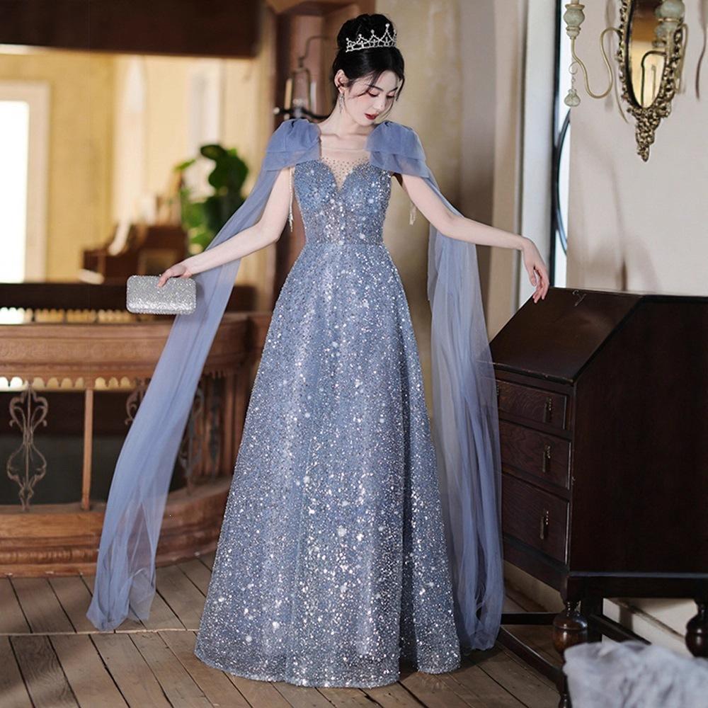 Evening Dress Skirt Women's 1011 New High-end Sense of High-end Light Luxury Niche Beautiful Blue Host Guzheng Performance Clothes
