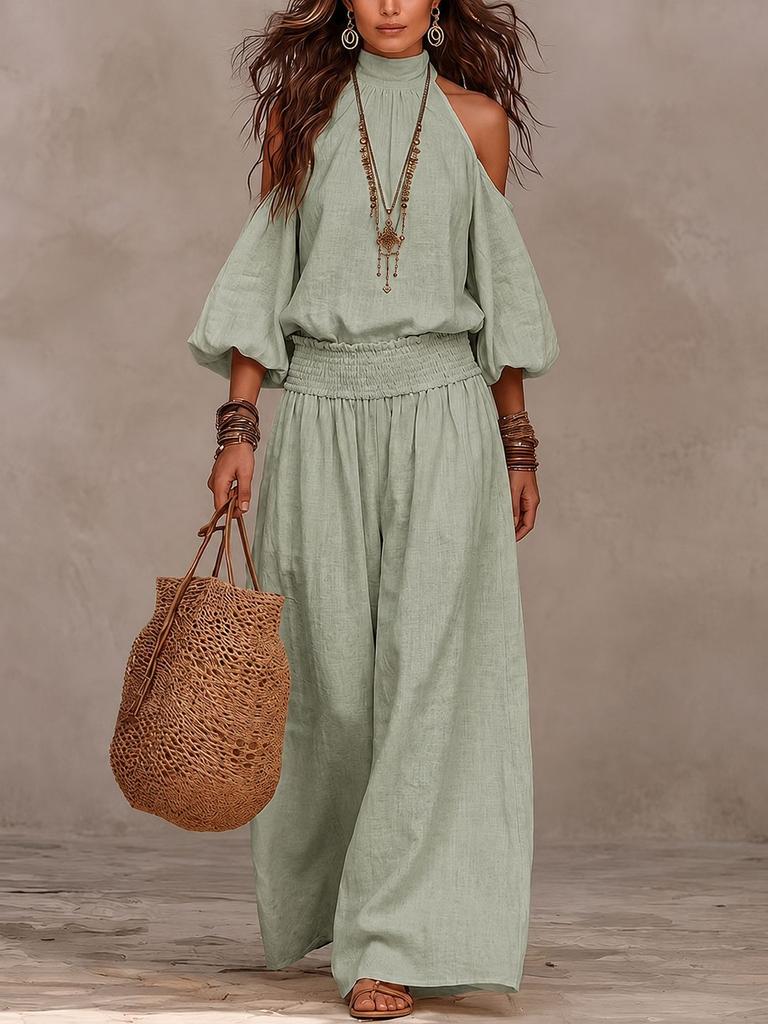 Damen schulterfreies Oberteil und Hose Set Lässig Elastische Taille Weite Hosen Boho Resort Kleidung Zweiteiliges Outfit