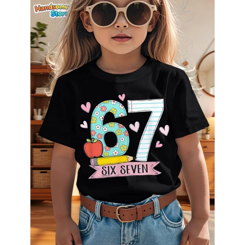 67 Meme T-shirt för Pojkar Flickor Mode Stänkt Bläck 3D-tryck Flickas Kortärmade T-shirts Rundhalsade Toppar Löst Barnkläder