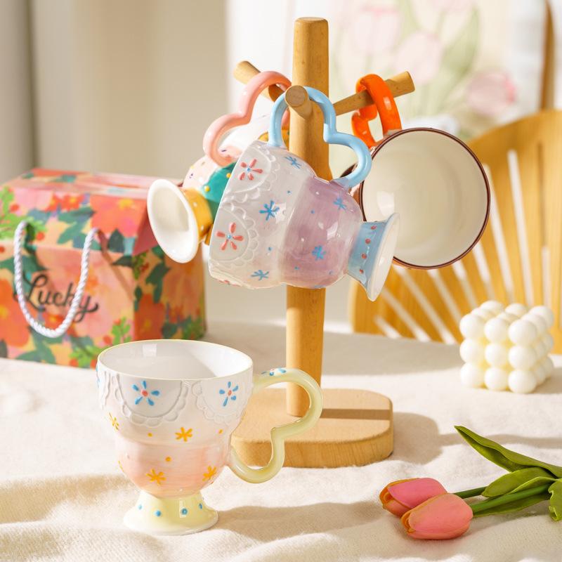Hand-Painted Relief Household Ceramic Cup Drinking Cup Design Sense Coffee Cute Milk Cup Ceramic Cup