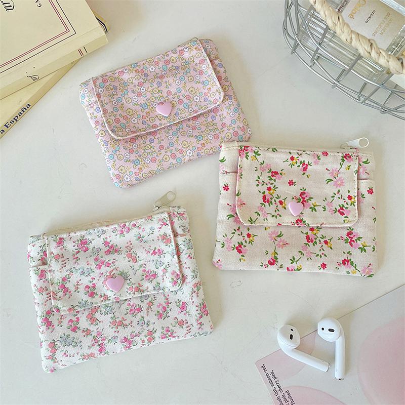 Ins Style Flowers Card Holder Coin Purse Id Card Bank Card Protective Cover Small Wallet Key Organizer Double Layer