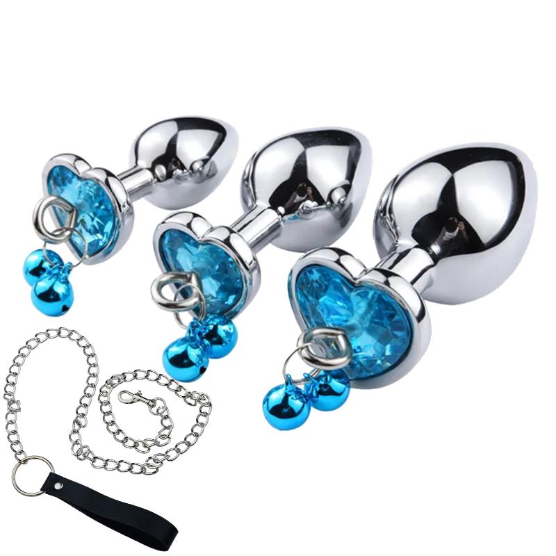 Crystal Heart Buttplug Stainless Steel Leash Chain Anal Plug Bells Pendant Prostate Massager SM Erotic Sex Toys For Women Men