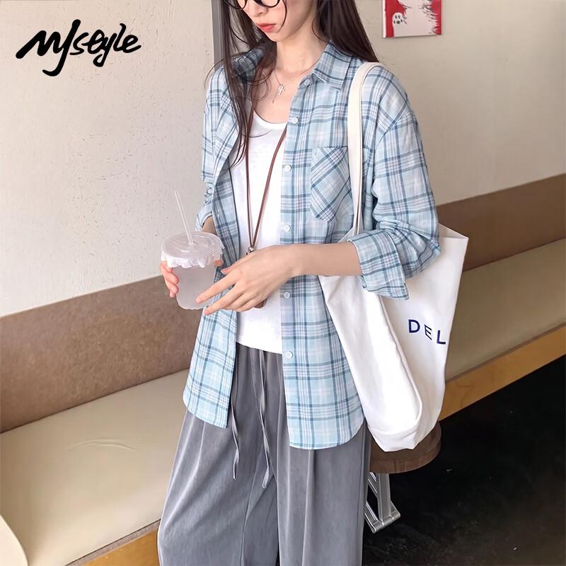 MJ STYLE Women's Plaid Long-Sleeve Casual Button-Down Shirt