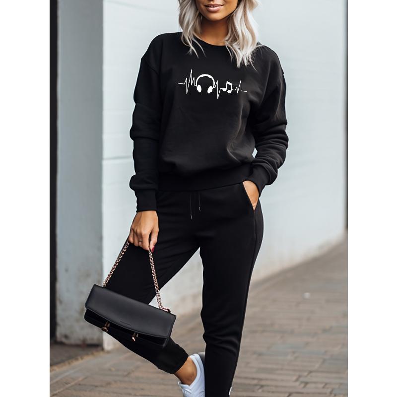 Crew Neck Polyester Sweatshirt and Knit Pants 2 Piece Tracksuit Wrinkle Resistant Easy Care Outfit L чёрный