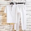 2022 Chinese Style Summer Cotton Linen Casual V-Neck T-Shirt & Elastic Waist Drawstring Pants Set.
