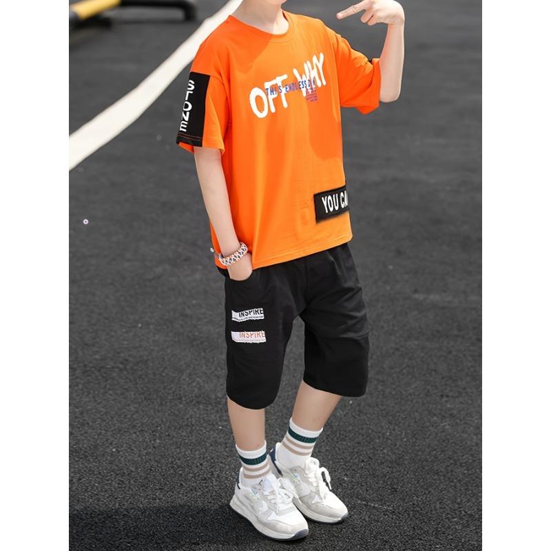 Boys' 2pcs Set: Short Sleeve T-Shirt and Shorts with Letter Print for Medium to Large Sizes, Perfect for Outdoor