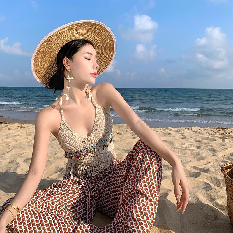 Bohemian Seaside Knit Tassel Bikini Bandeau with Chest Pads