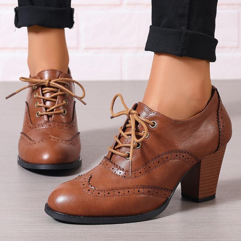 Britské dámské kotníkové boty Oxfords Vysoké blokové podpatky Lodičky Hnědá kůže Kulatá špička Společenské Kancelářské Dámské Šněrovací Vintage Boty