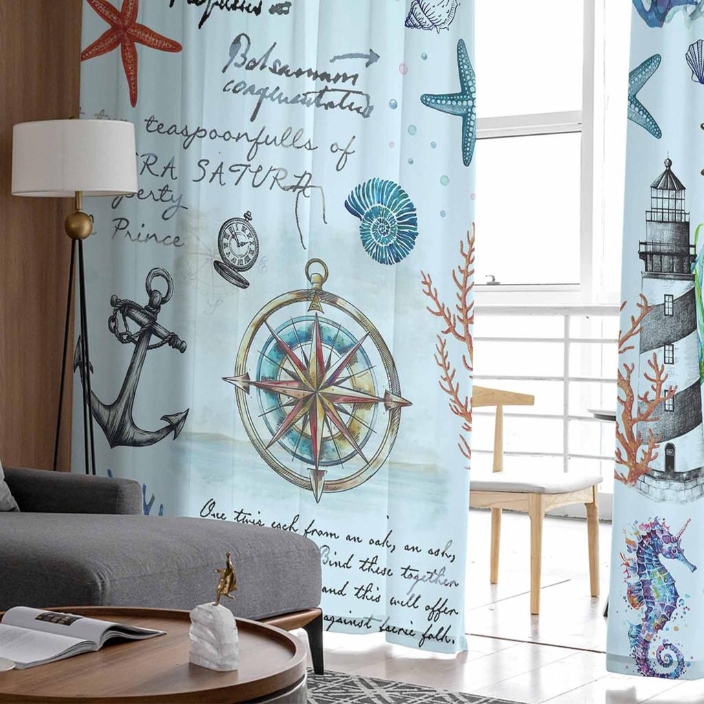 Plantas marinhas Coral Frutos do mar Veleiros Âncora Cavalos-marinhos Cortinas de tule para janelas Sala de estar Hotel Decoração de luxo Cortinas transparentes