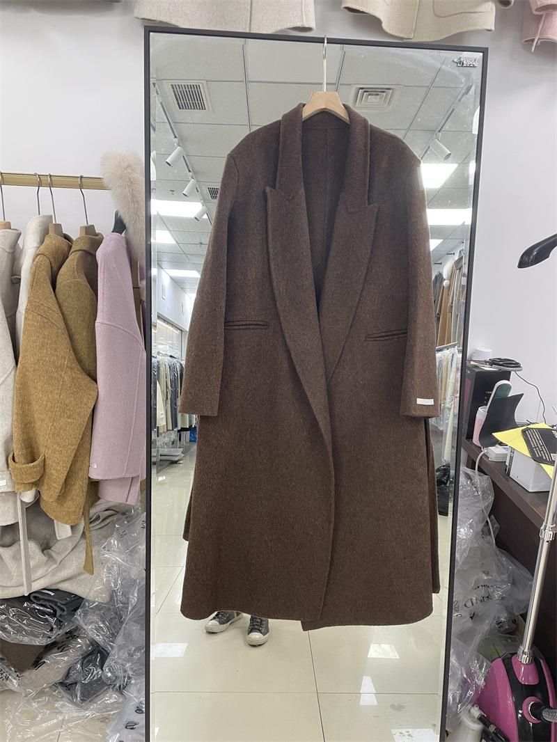 

Женское двустороннее шерстяное пальто на осень и зиму, длинное шерстяное пальто ниже колена, премиальное на шнуровке M темно-коричневого