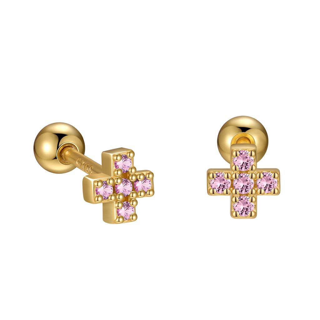 S925 Sterling Silver Inlaid Colorful Zircon Cross Screw Earrings for Women Small Exquisite Temperament Ear Accessories