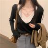 Fake Two-piece Splicing Knitted Sweater Women's Clothing Autumn 2025 New V-neck Design Sense Slim Fit