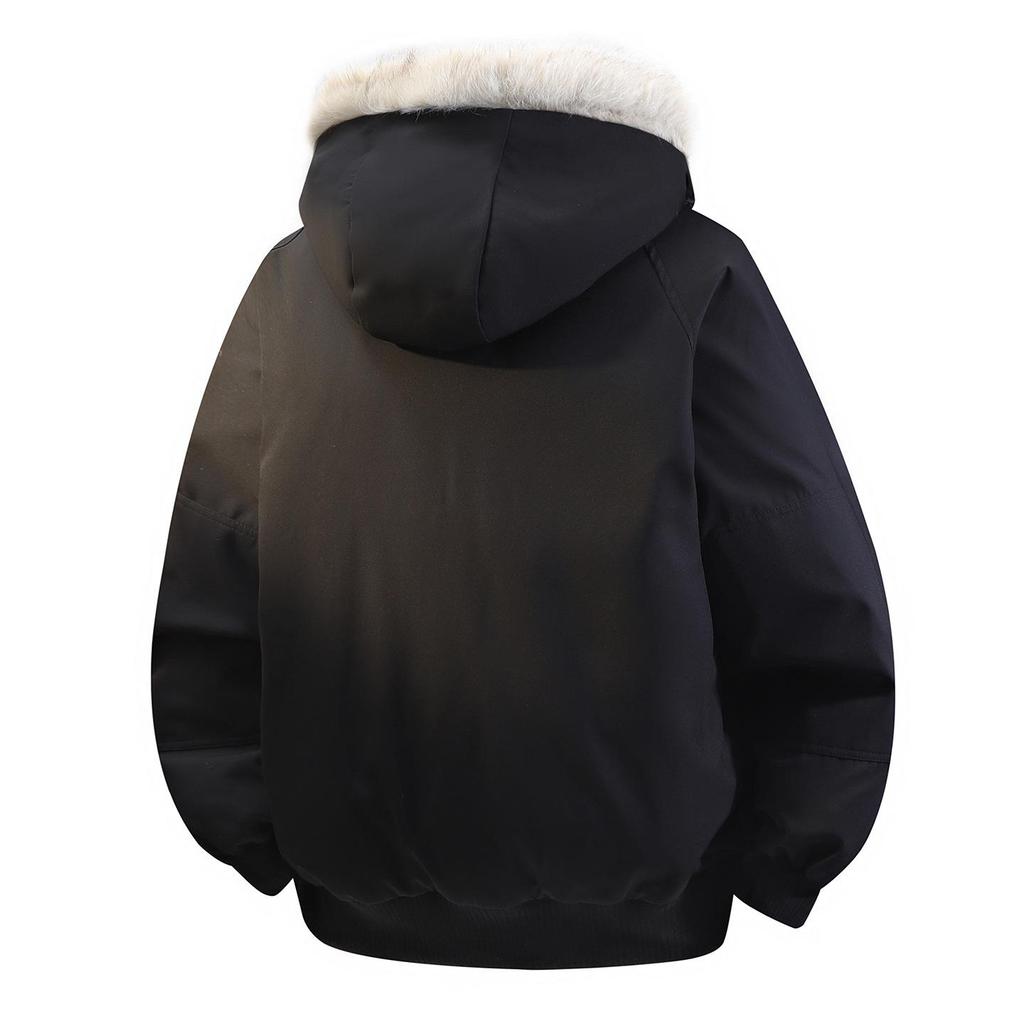 Jaqueta de Neve Masculina Retro com Capuz, Estampa Leopardo das Neves, Gola de Pelo Genuíno, 90% Penugem de Pato, Estilo Curto para Exterior.