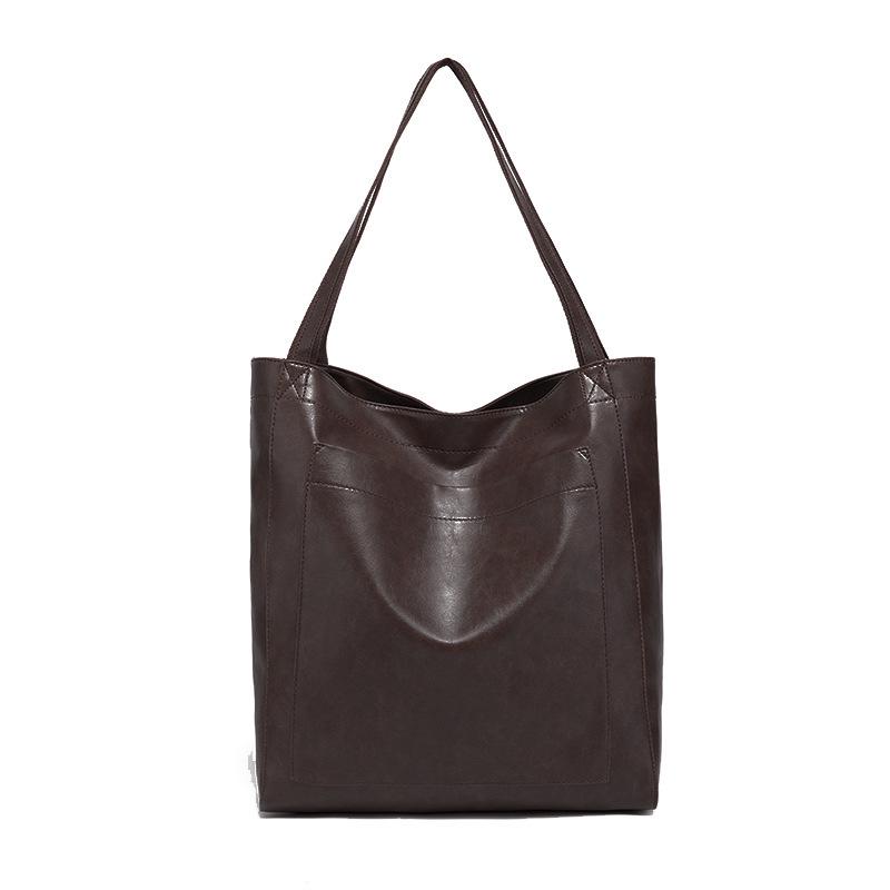 Retro Waxed Leather Women's Handbag - Soft, Large-Capacity, Fashionable Tote with Pockets and Single Shoulder Strap