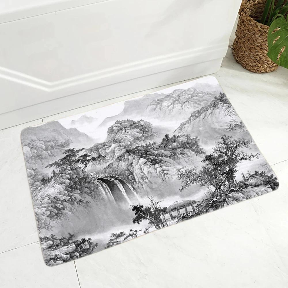 Chinese Ink Painting Floor Mat for Living Room Bedroom Kitchen Decor Non-Slip Carpet Landscape Print Doormat Soft Bathroom Mats