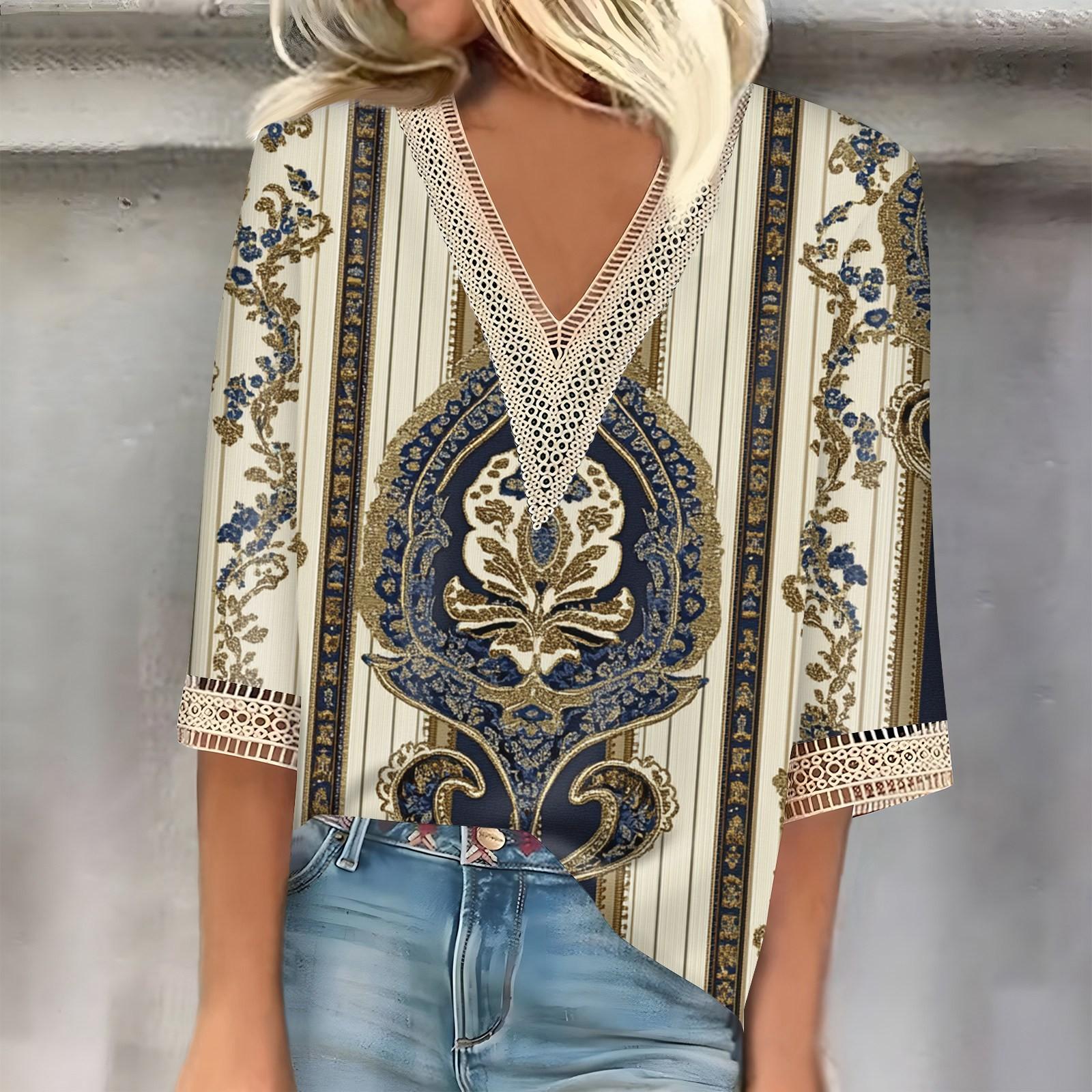 

Женский кружевной топ с винтажным принтом и рукавами три четверти L бежевый