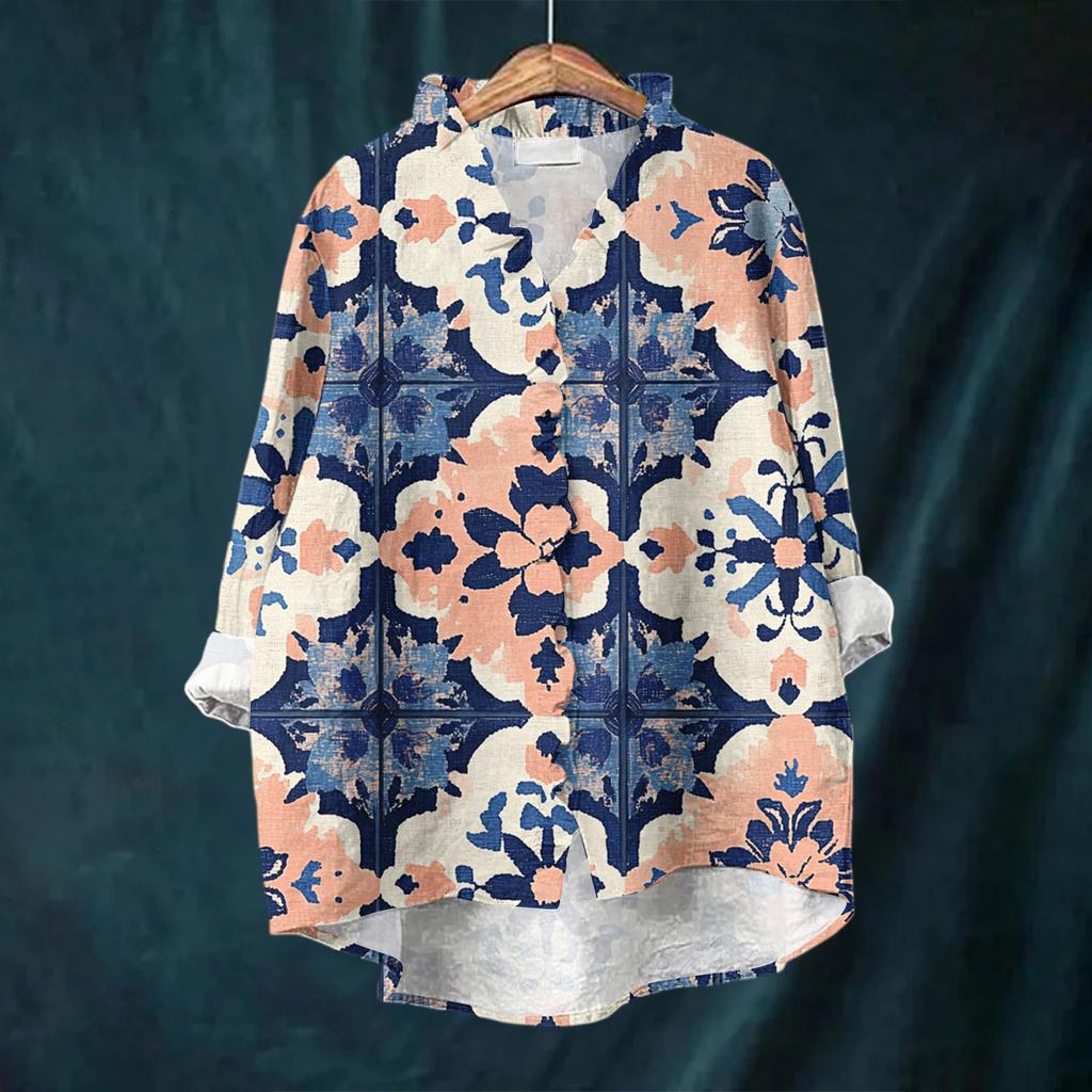 Women's Loose Ruffled Floral Print Stand Collar Long Sleeve Cotton And Linen Top