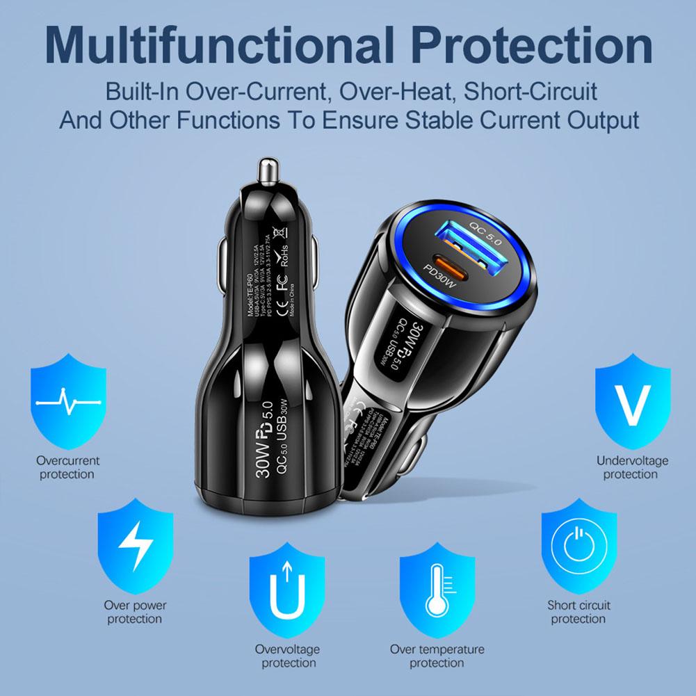 60W Dual Line QC5.0 USB+PD Fast Charging Mobile Car Charger Supports Ultra Fast Charging And Super Fast Charging