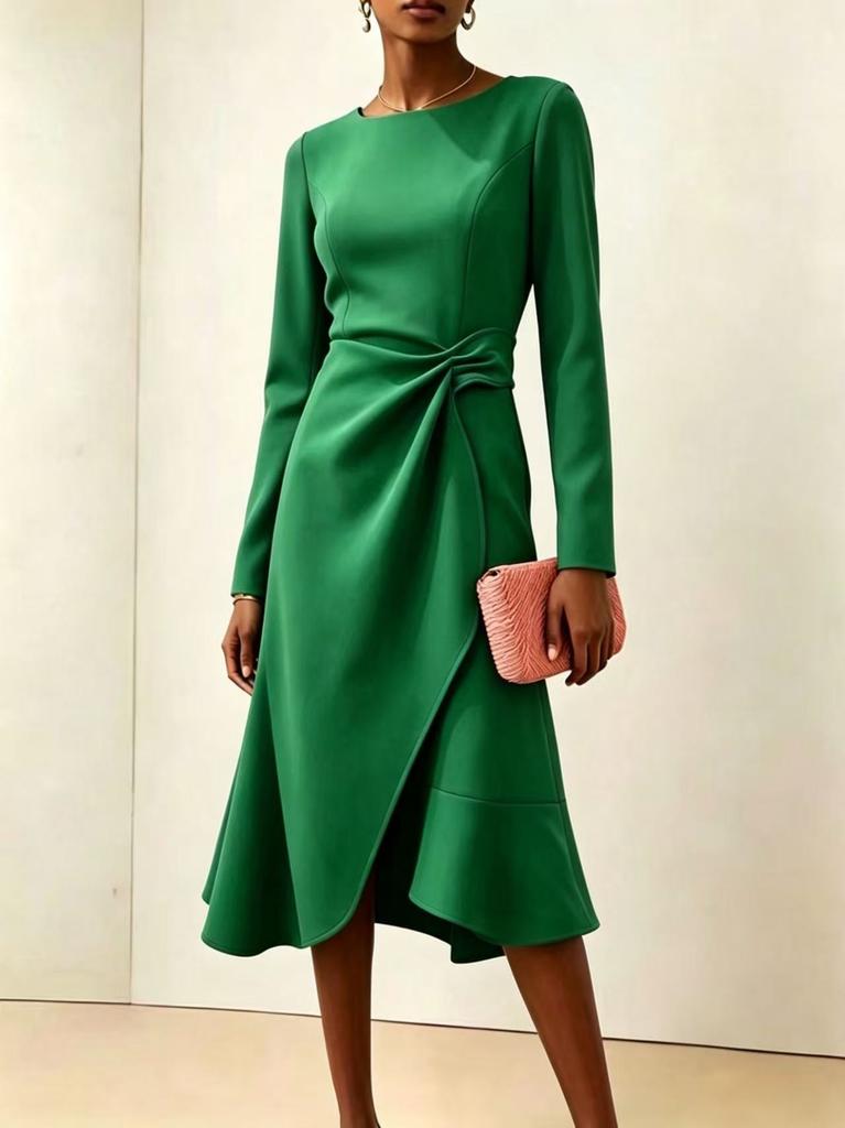 European and American Women's Clothing New Long-sleeved Solid Color Round Neck Dress Medium and Long Dress Women