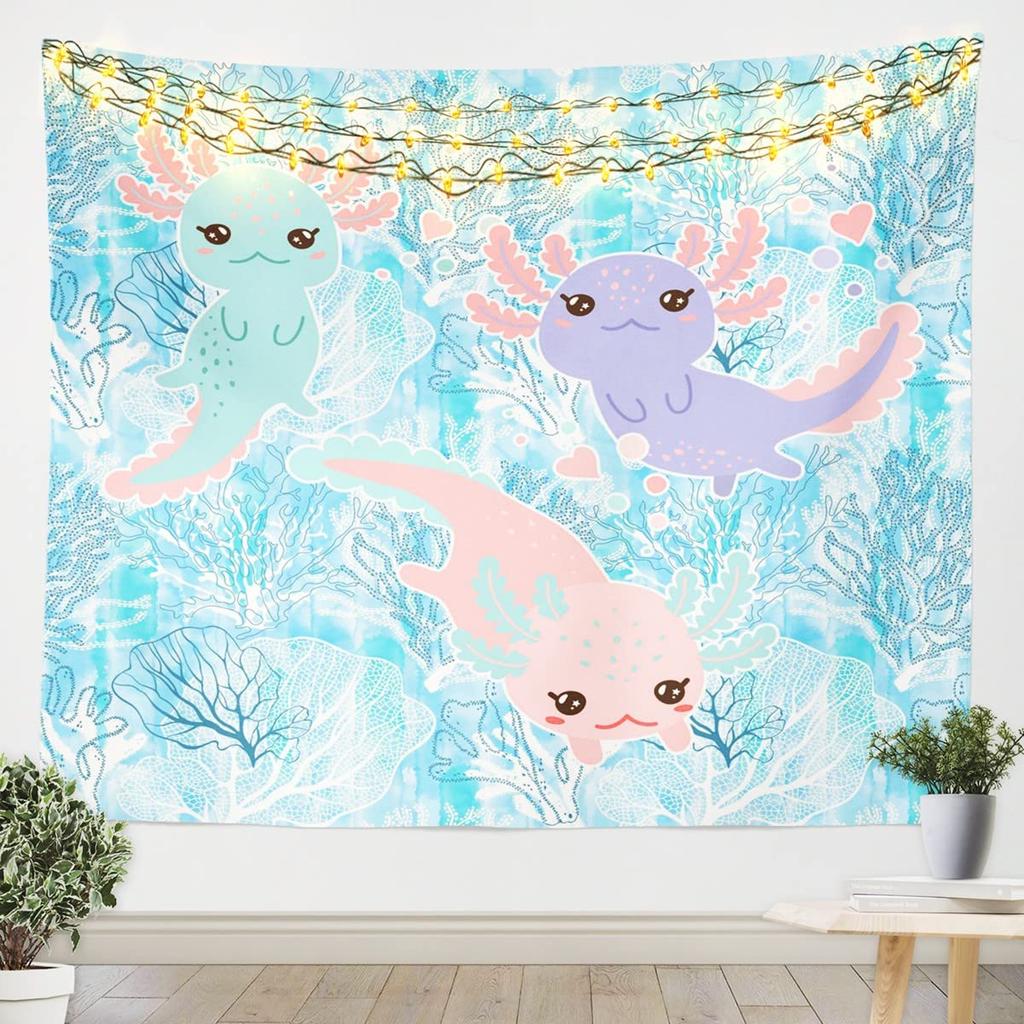 Cute Cartoon Axolotl Tapestry Seaweed Wall Blanket Tapestries Marine Life Wall Hanging for Kids Teens Girls Boys Room Home Decor