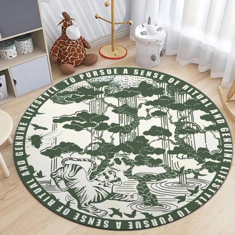 Retro Lions Print Round Area Rugs Anti-slip Carpets for Living Room Kitchen Bedroom Sofa Doormat Kids Floor Mat Gift Decor
