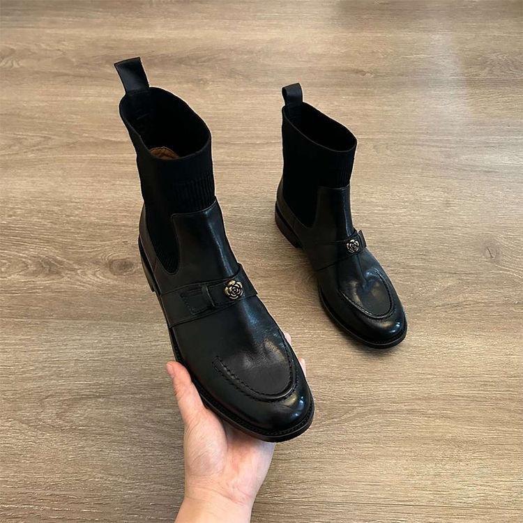 Leather retro camellia elastic socks boots skinny boots short boots women's autumn and winter new thick heel Martin boots