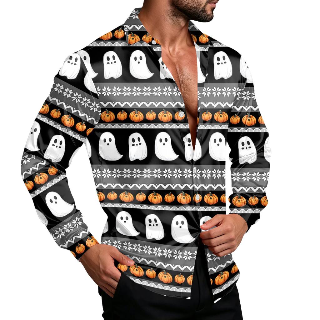 Men's Casual Loose Fit Breathable Shirt Jacket with Turn-Down Collar for Halloween Spring and Fall