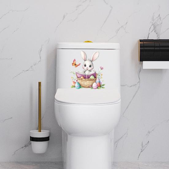 Paas Leuke Konijn Toilet Sticker Waterdichte Toiletbril Deksel Sticker Cartoon Konijn in Vlechtmand Lezend Toiletbril Cover Sticker voor Badkamer Huis
