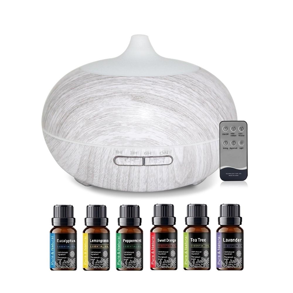 550ml Wood Grain Aromatherapy Diffuser with Remote, 6 Oils & 7 LED Colors