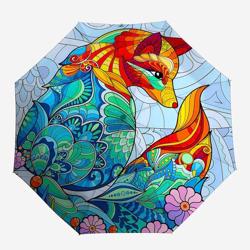 1pc Stained Glass Fox: Auto-Folding Umbrella with 3-Fold Design, 8-Bone Iron Frame - Outdoor for Fans, Travelers, Daily Use, Festive Gift.J048